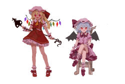 Rule 34 | 2girls, :d, ascot, bat wings, blonde hair, blue hair, brooch, buttons, crystal, dress, fang, flandre scarlet, frills, hat, hat ribbon, highres, holding, holding weapon, jewelry, laevatein, light blush, looking at viewer, mary janes, mob cap, multiple girls, on chair, one side up, open mouth, pink dress, puffy short sleeves, puffy sleeves, red eyes, red footwear, red vest, reddizen, remilia scarlet, ribbon, ribbon trim, shoes, short sleeves, side ponytail, sitting, smile, standing, touhou, vest, weapon, white background, wings, wrist cuffs