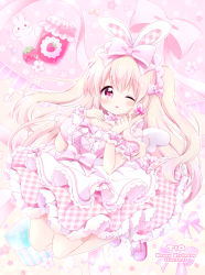 Rule 34 | 1girl, animal ears, blonde hair, bow, rabbit ears, chiika (cure cherish), food, frills, fruit, highres, holding, holding wand, jumping, layered skirt, long hair, mary janes, one eye closed, original, pink eyes, plaid, plaid skirt, ribbon, shoes, skirt, strawberry, strawberry jam, two side up, wand