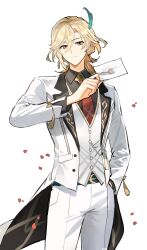Rule 34 | 1boy, belt, black shirt, blonde hair, blue belt, buttons, closed mouth, collared jacket, collared shirt, earrings, feather hair ornament, feathers, formal, genshin impact, gold trim, hair between eyes, hair ornament, hand in pocket, hand up, highres, holding, holding letter, ichigawa (lethe), jacket, jewelry, kaveh (genshin impact), kaveh (gigo) (genshin impact), letter, long sleeves, looking at viewer, male focus, medium hair, necktie, official alternate costume, open clothes, open jacket, pants, petals, red eyes, red necktie, shirt, simple background, solo, standing, suit, tassel, vest, white background, white jacket, white pants, white vest