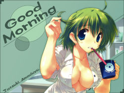 Rule 34 | 1girl, amazuyu tatsuki, blue eyes, breasts, cleavage, cup, green hair, large breasts, shirt, short hair, solo, toothbrush