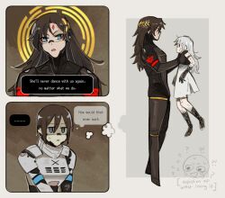 Rule 34 | !?, ..., 3girls, android, ange (angeban93), ariane yeong, armor, black hair, blue eyes, commentary, elster (signalis), english commentary, english text, facial mark, falke (signalis), forehead mark, hair between eyes, halo, height difference, highres, joints, laurel crown, lifting person, long hair, mechanical arms, mechanical legs, multiple girls, robot joints, short hair, shoulder armor, signalis, speech bubble, sweatdrop, tall female, tank top, white hair