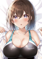 Rule 34 | 1girl, :c, @ @, bare shoulders, blush, breasts, brown hair, cleavage, collarbone, collared shirt, competition swimsuit, cropped, dot nose, hair between eyes, hand up, hawawa-chan (shiro kuma shake), highres, large breasts, long bangs, looking at viewer, lying, medium hair, off shoulder, on back, one-piece swimsuit, open mouth, original, portrait, purple eyes, racerback, see-through, see-through shirt, shiro kuma shake, shirt, sidelocks, solo, swimsuit, water drop, wet, wet clothes, wet hair, wet shirt, white shirt