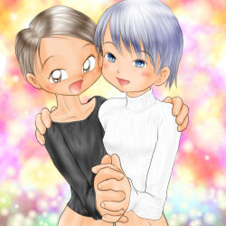 Rule 34 | 2girls, arm around shoulder, black hair, black shirt, blue eyes, blue hair, blush, bottomless, breasts, brown hair, collarbone, holding hands, long sleeves, looking at viewer, multiple girls, open mouth, shirt, short hair, small breasts, smile, standing, studio abuno culture, sweater, turtleneck, turtleneck sweater, white sweater, yuri
