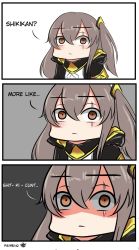 Rule 34 | 1girl, 3koma, abineko, angry, brown eyes, chibi, comic, commentary, english commentary, english text, girls&#039; frontline, glaring, grey hair, highres, looking at viewer, profanity, scar, scar across eye, scar on face, shaded face, solo, ump45 (girls&#039; frontline)