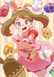 Rule 34 | 1girl, animal ears, blush, brown hair, choker, creatures (company), dress, egg, fake animal ears, game freak, highres, holding, holding egg, may (pokemon), may (spring 2021) (pokemon), nintendo, official alternate costume, open mouth, outstretched hand, pink background, pink choker, pink dress, pokemon, pokemon egg, pokemon masters ex, puffy short sleeves, puffy sleeves, rabbit ears, refisa, short sleeves, solo, striped background, sweatdrop, two-tone background, yellow background