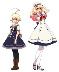 Rule 34 | 2girls, ahoge, alternate costume, arin66, beret, black legwear, blazblue, blonde hair, blue eyes, blue skirt, boots, bow, braid, brown footwear, colored tips, cosplay, curly hair, dress, es (xblaze), expressionless, full body, gradient hair, green eyes, hat, long hair, looking at viewer, lost tree, multicolored hair, multiple girls, pantyhose, pink hair, sailor dress, shoes, signature, skirt, smile, standing, trinity glassfield, white background, white bow, white hat, white legwear, white skirt, xblaze, xblaze code: embryo