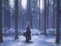 Rule 34 | 1girl, animal ears, boots, brown hair, closed mouth, dress, forest, from side, full body, highres, holo, long hair, long sleeves, looking at viewer, looking to the side, nature, osu5i, outdoors, snow, solo, spice and wolf, standing, tail, tree, vest, wide shot, winter, winter clothes, wolf ears, wolf girl, wolf tail