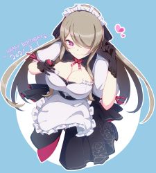 Rule 34 | 1girl, apron, black dress, black gloves, blue background, breasts, brown hair, chapa kari, cleavage, closed mouth, dress, frilled dress, frills, gloves, hair over one eye, happy birthday, heart, highres, honkai (series), honkai impact 3rd, long hair, looking at viewer, maid, maid apron, maid headdress, mole, mole under eye, purple eyes, rita rossweisse, short sleeves, smile, solo, twintails