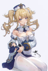 Rule 34 | 1girl, barbara (genshin impact), bare shoulders, blonde hair, blue eyes, breasts, cleavage, detached collar, dress, drill hair, genshin impact, han keshi chao mang de, highres, large breasts, long hair, looking at viewer, pantyhose, sidelocks, sitting, skirt, twin drills, twintails, wet, wet clothes, white background, white dress, white headwear, white pantyhose, wringing clothes, wringing skirt