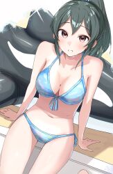 Rule 34 | 1girl, arm support, ban (puka 0507), bare shoulders, bikini, blue bikini, blush, breasts, brown eyes, cleavage, collarbone, dot nose, front-tie bikini top, front-tie top, green hair, highres, idolmaster, idolmaster cinderella girls, idolmaster cinderella girls starlight stage, inflatable dolphin, inflatable toy, long hair, looking at viewer, lowleg, lowleg bikini, medium breasts, navel, ohishi izumi, open mouth, ponytail, side-tie bikini bottom, sitting, smile, solo, swimsuit
