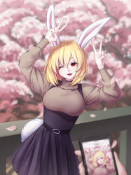 Rule 34 | 1girl, absurdres, animal ears, artist name, blonde hair, breasts, brown eyes, carrot (one piece), cellphone, cherry blossoms, commentary, double v, english commentary, falling petals, furry, furry female, happy, highres, large breasts, looking at viewer, one eye closed, one piece, petals, phone, rabbit, rabbit ears, rabbit tail, short hair, signature, smartphone, smile, solo, tail, therealshelts, v