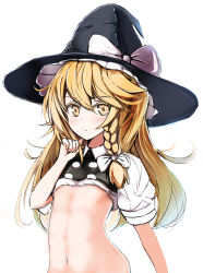 Rule 34 | 1girl, bad id, bad pixiv id, blonde hair, bottomless, bow, braid, clothes lift, flat chest, hat, hat bow, highres, kirisame marisa, long hair, marisayaka, navel, out-of-frame censoring, puffy short sleeves, puffy sleeves, shirt, shirt lift, short sleeves, simple background, single braid, solo, touhou, white background, witch hat, yellow eyes