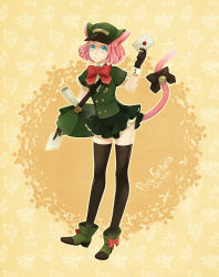 Rule 34 | 1boy, animal ears, bell, black bow, black gloves, black skirt, black thighhighs, blue eyes, bow, cat boy, cat ears, cat tail, copyright name, full body, gloves, green footwear, green hat, hand up, hat, highres, jingle bell, lll7elll, mail, mailbag, male focus, orange background, pink hair, pixiv fantasia, pixiv fantasia fallen kings, red bow, scroll, shoes, short hair, skirt, solo, standing, tail, thighhighs, trap, vest