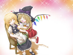 Rule 34 | 2girls, ^ ^, aozora market, blonde hair, buttons, chair, closed eyes, crystal, demon wings, closed eyes, female focus, flandre scarlet, full body, hat, kirisame marisa, lowres, mary janes, multiple girls, open mouth, red skirt, shoes, sitting, skirt, sleeping, sleeping upright, socks, touhou, white legwear, wings, witch, witch hat