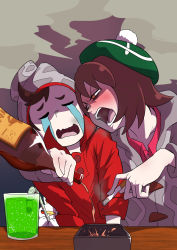 Rule 34 | 1boy, 1girl, absurdres, alcohol, angry, ashtray, beret, blush, bob cut, bottle, brown hair, cigarette, collared shirt, creatures (company), crying, drink, drinking, drinking straw, drunk, face-to-face, game freak, gen 8 pokemon, gloria (pokemon), gomesu (gomes0343), green headwear, grey sweater, hat, highres, melon soda, nintendo, open mouth, pokemon, pokemon (creature), pokemon swsh, pom pom (clothes), pouring, red shirt, scorbunny, shirt, shouting, smoke, sweater, t t, tam o&#039; shanter, tears, victor (pokemon), woollen cap