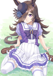 Rule 34 | 1girl, animal ears, arm support, brown footwear, brown hair, commentary request, grass, hair over one eye, hat, horse ears, horse tail, loafers, long hair, looking at viewer, miri (ago550421), pleated skirt, purple eyes, purple headwear, rice shower (umamusume), school uniform, shoes, sitting, skirt, smile, tail, thighhighs, tilted headwear, tracen school uniform, umamusume, white skirt, white thighhighs, zettai ryouiki