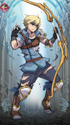 Rule 34 | 1boy, arrow (projectile), blonde hair, blue eyes, boots, bow (weapon), febail (fire emblem), fire emblem, fire emblem: genealogy of the holy war, fire emblem heroes, gloves, headband, highres, injury, lavillardia, male focus, nintendo, open mouth, quiver, solo, torn clothes, weapon