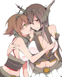 Rule 34 | 10s, 2girls, bare shoulders, black hair, breasts, brown hair, cleavage, elbow gloves, eye contact, female focus, gloves, green eyes, groin, hair between eyes, hand on another&#039;s chest, headgear, hug, jewelry, kantai collection, large breasts, long hair, looking at another, midriff, multiple girls, mutsu (kancolle), nagato (kancolle), navel, neck ring, open mouth, pleated skirt, red eyes, short hair, siblings, simple background, sisters, skirt, smile, tadashi-kun, white background, yuri