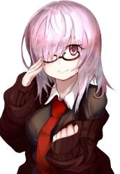 Rule 34 | 1girl, absurdres, alternate hair length, alternate hairstyle, black-framed eyewear, blush, breasts, cardigan, collared shirt, fate/grand order, fate (series), glasses, hair over one eye, highres, large breasts, looking at viewer, mash kyrielight, necktie, open cardigan, open clothes, pink eyes, pink hair, ranf, red necktie, semi-rimless eyewear, shirt, simple background, sleeves past wrists, smile, solo, under-rim eyewear, upper body, white background, wing collar