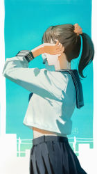 Rule 34 | 1girl, absurdres, adjusting hair, aqua background, blue sailor collar, blue skirt, brown hair, from side, hair tie, hair tie in mouth, highres, holding, holding hair, long hair, long sleeves, midriff peek, mouth hold, omegu, original, pleated skirt, ponytail, sailor collar, school uniform, serafuku, signature, skirt, solo
