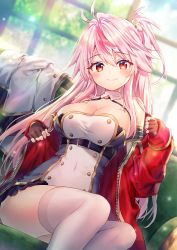 Rule 34 | 1girl, azur lane, blush, breasts, buttons, cleavage, collarbone, couch, day, dress, fingerless gloves, gloves, grenville (azur lane), hair between eyes, hair ornament, head tilt, indoors, jacket, large breasts, long hair, looking at viewer, multicolored hair, off shoulder, one side up, open clothes, open jacket, pink hair, red eyes, riichu, short dress, sitting, smile, solo, streaked hair, thighhighs, thighs, underbust, unzipped, white thighhighs, window, zipper