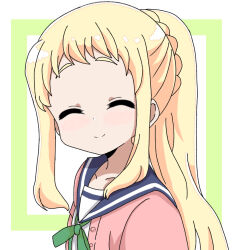 1girl blonde_hair blue_sailor_collar chikadaioshi closed_eyes closed_mouth collarbone dot_nose feet_out_of_frame female_focus inose_mai koisuru_asteroid long_hair long_sleeves looking_at_viewer open_clothes open_sweater pink_sweater ponytail sailor_collar school_uniform serafuku smile solo standing sweater