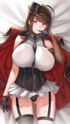 Rule 34 | 1girl, bad id, bad pixiv id, bare shoulders, bed sheet, between breasts, black gloves, breasts, brown hair, cape, commentary request, covered erect nipples, dsr-50 (girls&#039; frontline), elbow gloves, elbow sleeve, finger to mouth, garter straps, girls&#039; frontline, gloves, hat, huge breasts, lips, long hair, looking at viewer, lying, miniskirt, necktie, necktie between breasts, on back, panties, parted lips, red eyes, shirt, skirt, sleeveless, sleeveless shirt, solo, tsuki no i-min, underwear