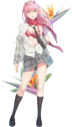 Rule 34 | 10s, 1girl, bird of paradise flower, black footwear, black necktie, black socks, blue eyes, bra, contrapposto, darling in the franxx, diagonal-striped clothes, diagonal-striped necktie, flower, full body, grey jacket, grey skirt, hairband, highres, horns, jacket, kanden sky, loafers, long hair, looking at viewer, necktie, open clothes, open shirt, parted lips, pink hair, red bra, red scarf, scarf, shirt, shoes, skirt, smile, socks, solo, standing, strelizia (flower), striped clothes, striped necktie, twitter username, underwear, undressing, white shirt, zero two (darling in the franxx)
