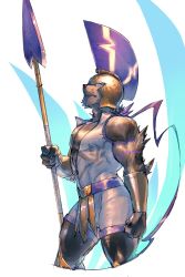 Rule 34 | 1boy, achillesmon, digimon, digimon (creature), highres, holding, holding weapon, looking up, muscular, muscular male, p!k@ru, polearm, simple background, spear, standing, weapon, white background