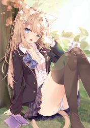 Rule 34 | 1girl, ;o, animal ear fluff, animal ears, arm at side, black jacket, black skirt, blue bow, blue bowtie, blue eyes, blunt bangs, blush, book, bow, bowtie, breasts, brown hair, cat ears, cat girl, cat tail, cleavage, collarbone, day, flower, grass, hair ornament, hand to head, hand up, head tilt, highres, hoshi (snacherubi), jacket, knees up, leaf, lens flare, long hair, long sleeves, looking at viewer, miniskirt, no bra, non-web source, one eye closed, open book, open clothes, open jacket, open mouth, original, outdoors, panties, pantyshot, plaid, plaid skirt, pleated skirt, school uniform, sitting, skirt, small breasts, solo, tail, tail raised, thighhighs, tree, underwear, upskirt, white panties, x hair ornament