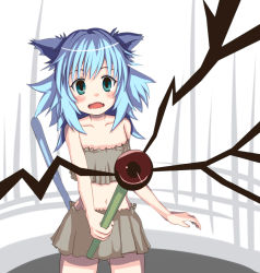 Rule 34 | 1girl, animal ears, bare shoulders, blue eyes, blue hair, cat ears, cat tail, collarbone, holding, long hair, looking at viewer, matching hair/eyes, navel, open mouth, original, pappii (paprika shikiso), paprika shikiso, solo, surprised, tail, wand, wavy mouth