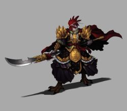 Rule 34 | armor, bad id, bad pixiv id, bird, cape, chicken, chinese clothes, clamp8903, glaive (polearm), grey background, guan dao, halberd, no humans, original, polearm, realistic, rooster, simple background, solo, weapon