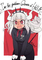 Rule 34 | 1girl, black neckwear, black tail, blush, crown, crying, crying with eyes open, demon horns, demon tail, embarrassed, english text, formal, gloves, helltaker, highres, horns, long hair, lucifer (helltaker), mole, mole under eye, profanity, red background, red shirt, shirt, sumaki shungo, tail, tears, twitter username, white background, white gloves, white hair, white horns