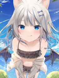 Rule 34 | 1girl, :q, bad id, bad pixiv id, bare shoulders, bat wings, bikini, black bikini, blue hair, blue sky, closed mouth, cloud, collarbone, commentary request, day, grey hair, hair ornament, hairclip, leaning forward, long hair, looking at viewer, mafuyu (chibi21), multicolored hair, original, outdoors, purple wings, sky, smile, solo, star (symbol), streaked hair, swimsuit, tongue, tongue out, water drop, wings, x hair ornament