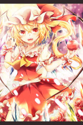 Rule 34 | 1girl, apple, ascot, blonde hair, fang, flandre scarlet, flower, food, fruit, hat, hat ribbon, kaio (watagami), letterboxed, mob cap, open mouth, puffy short sleeves, puffy sleeves, red eyes, red rose, ribbon, rose, sash, shirt, short sleeves, side ponytail, skirt, skirt set, solo, touhou, vest, wings, wrist cuffs