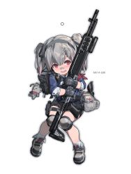 Rule 34 | 1girl, backpack, bag, bandages, bandage on face, black gloves, blush, child, full body, gloves, grey hair, grey ribbon, gun, hair ribbon, hairband, highres, holding, holding gun, holding weapon, knee pads, looking at viewer, miv4t, open mouth, original, pink eyes, ribbon, shoes, short hair, short twintails, simple background, smile, sneakers, solo, twintails, weapon, white background