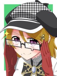 Rule 34 | 1girl, adjusting eyewear, adjusting glasses, alternate hairstyle, artist name, artist request, bare shoulders, blush, bow, bowtie, braid, breasts, brown gloves, brown hair, buttons, center frills, close-up, detached collar, detective, detective in training (love live!), dress, female focus, food, food on face, frilled dress, frills, fur-trimmed gloves, fur trim, glasses, gloves, hair between eyes, hair ornament, hairclip, hat, hat bow, hat ribbon, highres, koizumi hanayo, looking at viewer, love live!, love live! school idol festival, love live! school idol festival all stars, love live! school idol project, parted lips, peaked cap, purple bow, purple eyes, purple hat, red gloves, ribbon, scissors hair ornament, short hair, single braid, sleeveless, sleeveless dress, smile, solo, twin braids, twintails, upper body, white detached collar, white dress, white ribbon, x hair ornament