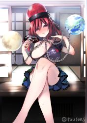 Rule 34 | 1girl, black headwear, black shirt, blush, breasts, chain, clothes writing, crossed legs, door, earth (ornament), feet out of frame, hand fan, hecatia lapislazuli, highres, holding, holding fan, large breasts, looking at viewer, medium hair, moon (ornament), multicolored clothes, multicolored skirt, off-shoulder shirt, off shoulder, open mouth, plaid, plaid skirt, red eyes, red hair, shirt, short sleeves, shrine, sitting, skirt, solo, sweat, touhou, tousen, twitter username