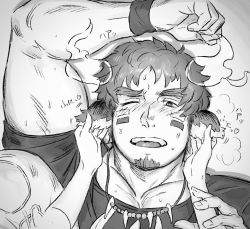 Rule 34 | 1other, animal ears, bara, beard, blush, facial hair, fiery horns, forked eyebrows, glowing horns, greyscale, highres, horns, isuke, looking at viewer, male focus, monochrome, one eye closed, open mouth, pectorals, smile, solo focus, sportswear, thick eyebrows, tickling, tickling ears, tokyo houkago summoners, upper body, wakan tanka