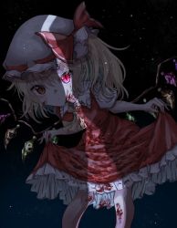 Rule 34 | 1girl, :/, ascot, blonde hair, blood, blood on clothes, blood on face, blush, breasts, closed mouth, crystal, curtsey, dark background, darkness, expressionless, feet out of frame, flandre scarlet, frilled shirt collar, frills, gradient background, hair between eyes, hat, highres, kayon (touzoku), leaning forward, light, looking at viewer, medium breasts, medium hair, mob cap, one side up, puffy short sleeves, puffy sleeves, red eyes, red skirt, red vest, short sleeves, simple background, skirt, slit pupils, solo, standing, touhou, vest, white hat, wings, yellow ascot