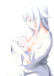 Rule 34 | 1girl, alternate hair length, alternate hairstyle, animal ears, baby, baby carry, breastfeeding, breasts, carrying, child, cleavage, closed eyes, female focus, highres, inubashiri momiji, japanese clothes, kimono, mother and child, no headwear, no headwear, off shoulder, orange eyes, ponytail, sachishiro pengin, short hair, smile, tail, touhou, white hair, white theme, wolf ears, wolf tail