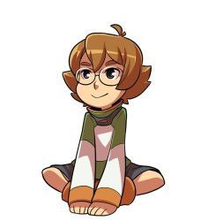 Rule 34 | 1girl, ahoge, black eyes, brown hair, full body, glasses, hyakujuu-ou golion, indian style, mary cagle, pidge gunderson, reverse trap, short hair, shorts, sitting, smile, solo, voltron: legendary defender, voltron (series)