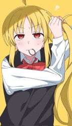 Rule 34 | 1girl, blonde hair, blush, bocchi the rock!, commentary request, hair tie, hair tie in mouth, highres, hikentai0112, ijichi nijika, long hair, mouth hold, neck ribbon, red eyes, ribbon, school uniform, side ponytail, simple background, solo, sweatdrop, vest, yellow background