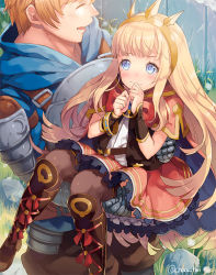 Rule 34 | 10s, 1boy, 1girl, armor, black thighhighs, blonde hair, blue eyes, blush, boots, bracelet, brown hair, cagliostro (granblue fantasy), cape, carrying, crown, embarrassed, fighter (granblue fantasy), gauntlets, gran (granblue fantasy), granblue fantasy, grass, jewelry, long hair, open mouth, princess carry, skirt, smile, thighhighs, yumekui