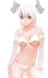 Rule 34 | 1girl, bad id, bad pixiv id, bra, elbow gloves, frills, gloves, horns, lingerie, long hair, navel, original, panties, red eyes, simple background, smile, solo, tomono rui, underwear, underwear only, white bra, white hair, white panties