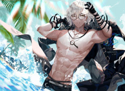 Rule 34 | 1boy, 2018, abs, artist name, bandaged hand, bandages, black jacket, black pants, blue sky, character name, day, edmond dantes (fate), fate/grand order, fate (series), glasses, holding, holding clothes, holding jacket, jacket, jacket removed, jewelry, key, male focus, navel, necklace, nipples, palm tree, pants, parted lips, partially submerged, scar, scar on arm, scar on chest, shei99, sky, solo, toned, toned male, tree, water, white hair, yellow eyes