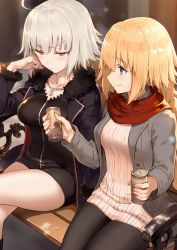 Rule 34 | 2girls, ahoge, alternate costume, artoria pendragon (fate), bench, black coat, black dress, black legwear, blonde hair, blue eyes, blush, braid, breasts, buttons, can, closed mouth, coat, collarbone, commentary request, crossed legs, dress, drink, fate/grand order, fate (series), frown, fur-trimmed coat, fur trim, grey coat, hair between eyes, half-closed eyes, haoni, holding, holding can, jeanne d&#039;arc (fate), jeanne d&#039;arc (ruler) (fate), jeanne d&#039;arc alter (avenger) (fate), jeanne d&#039;arc alter (fate), jewelry, large breasts, long hair, long sleeves, looking at another, looking down, multiple girls, necklace, official alternate costume, open clothes, open coat, pantyhose, park bench, red scarf, ribbed sweater, saber alter (ver. shinjuku 1999) (fate), scarf, short hair, sidelocks, silver hair, single braid, sitting, smile, sweater, sweater dress, v-shaped eyebrows, white sweater, wing collar, yellow eyes, zipper