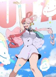 Rule 34 | 1girl, :d, black ribbon, character name, cloud, commentary request, dress, eyelashes, happy, headphones, highres, long hair, looking at viewer, multicolored hair, one piece, one piece film: red, open mouth, pink eyes, red hair, ribbon, sky, smile, solo, standing, sweat, two-tone hair, uta (one piece), white hair, wings, wrist cuffs, yasutada43