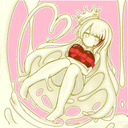 Rule 34 | 1girl, barefoot, blonde hair, blush, border, bow, box, chocolate, closed mouth, colored sclera, colored skin, crown, curss, dutch angle, heart, heart-shaped box, holding, knees together feet apart, long hair, looking at viewer, monster girl, nude, original, outline, pink background, red bow, simple background, slime girl, solo, valentine, very long hair, white border, white outline, yellow eyes, yellow sclera, yellow skin