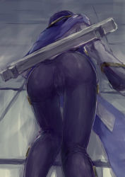 Rule 34 | 1boy, arc system works, artist request, ass, black hair, black pants, blazblue, blazblue: central fiction, cape, from behind, hibiki kohaku, highres, lying, male focus, on stomach, pants, short hair, solo, tight clothes, tight pants, top-down bottom-up